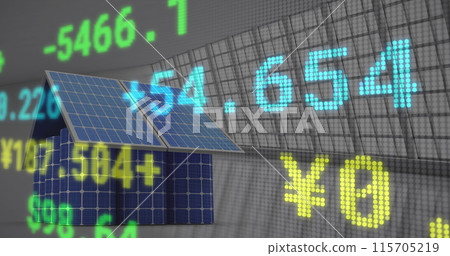 Image of financial data processing over solar panels Image of financial data processing over solar panels 115705219