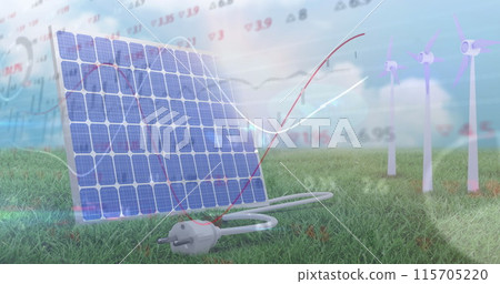 Image of financial data processing over wind turbines and solar panel Image of financial data processing over wind turbines and solar panel 115705220