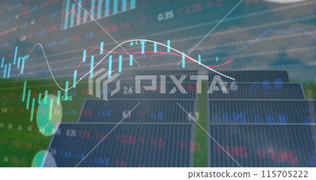 Image of financial data processing over solar panels Image of financial data processing over solar panels 115705222