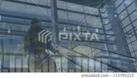 Image of data processing over caucasian businesswoman on stairs 115705223