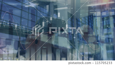 Image of financial data over caucasian woman using vr headset in office 115705233