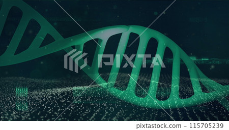 Dna structure spinning against digital wave on blue background 115705239