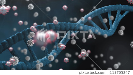 Covid-19 cells floating over dna structure spinning against blue background 115705247