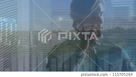 Image of financial graph over caucasian businessman using smartphone Image of financial graph over caucasian businessman using smartphone 115705264