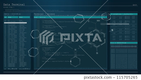 Chemical structures floating over digital interface with data processing against blue background 115705265