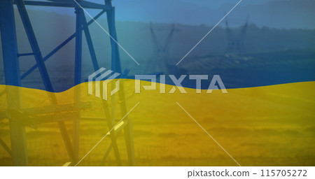 Image of flag of ukraine over field and electricity poles 115705272