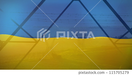 Image of flag of ukraine over field and electricity poles Image of flag of ukraine over field and electricity poles 115705279