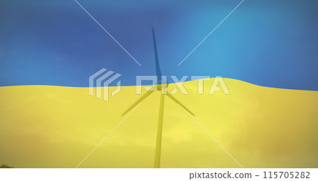 Image of flag of ukraine over wind turbine Image of flag of ukraine over wind turbine 115705282