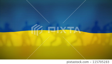 Image of flag of ukraine over soldiers silhouettes 115705283