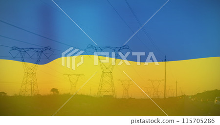 Image of flag of ukraine over field and electricity poles 115705286