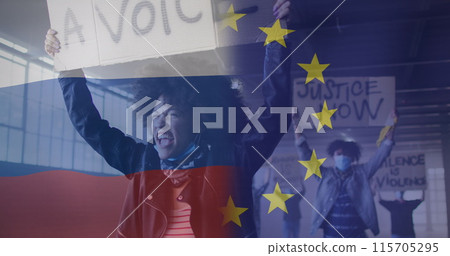 Image of flag of russia and european union over african american female protester 115705295