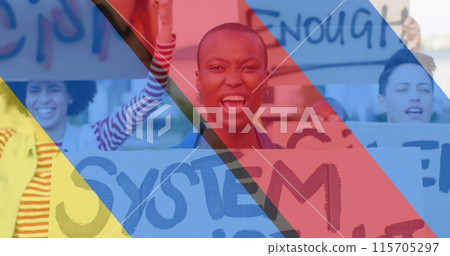 Image of flag of ukraine and russia over diverse protesters 115705297