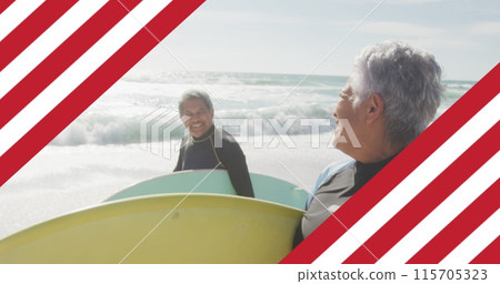 Image of flag of united states of america over senior biracial couple with surfboard on beach Image of flag of united states of america over senior biracial couple with surfboard on beach 115705323