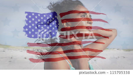 Image of flag of united states of america over biracial woman on beach Image of flag of united states of america over biracial woman on beach 115705338