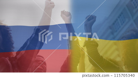 Image of flag of ukraine and russia over hands of diverse protesters Image of flag of ukraine and russia over hands of diverse protesters 115705340