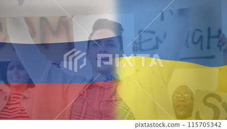 Image of flag of ukraine and russia over diverse female and male protesters 115705342