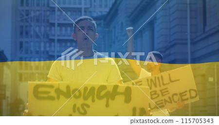 Image of flag of ukraine over biracial male protesters 115705343