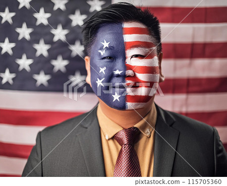 Portrait standing in front of a American flag background 4th of July Independence day celebration 115705360