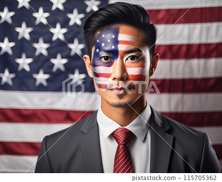 Portrait standing in front of a American flag background 4th of July Independence day celebration 115705362