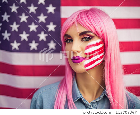 Portrait standing in front of a American flag background 4th of July Independence day celebration 115705367