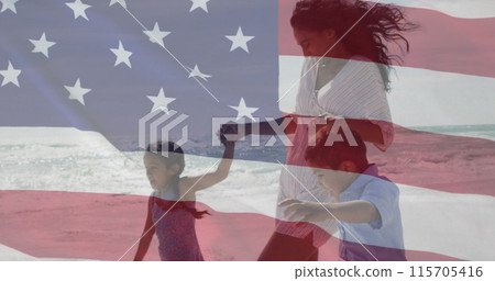 Image of flag of united states of america over biracial mother with children by seaside Image of flag of united states of america over biracial mother with children by seaside 115705416