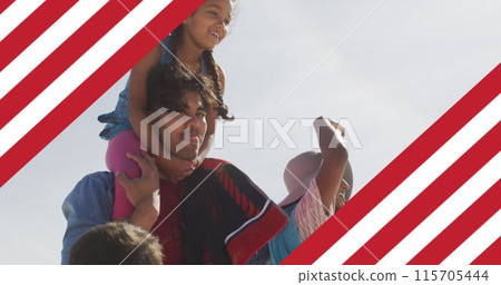 Image of flag of united states of america over biracial father carrying daughter piggyback Image of flag of united states of america over biracial father carrying daughter piggyback 115705444