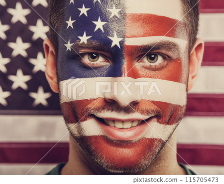 Portrait standing in front of a American flag background 4th of July Independence day celebration 115705473