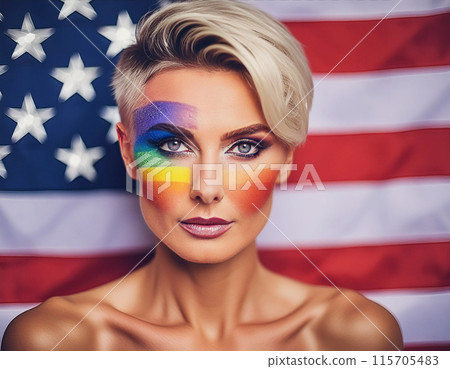 Portrait standing in front of a American flag background 4th of July Independence day celebration Portrait standing in front of a American flag background 4th of July Independence day celebration 115705483