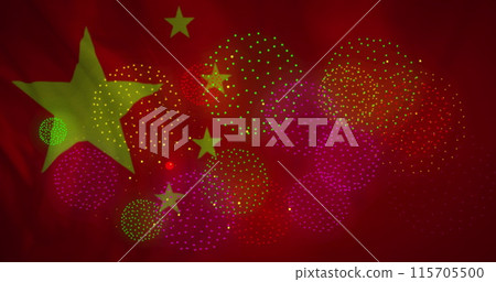 Image of fireworks over flag of china 115705500