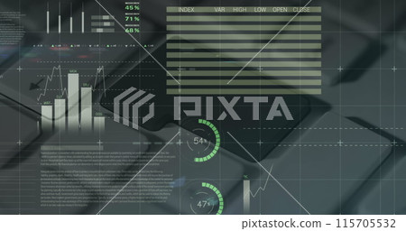 Image of data processing over computer keyboard on grey background 115705532