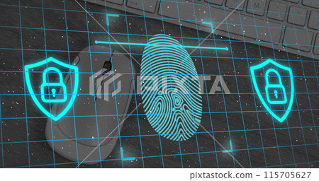Fingerprint scanner and security padlock icon over grid network against mouse and keyboard 115705627