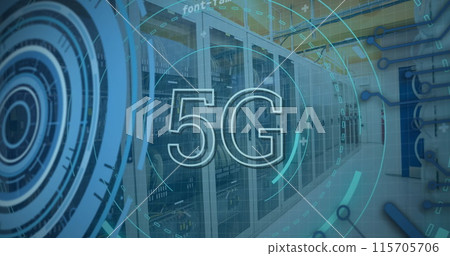 Image of 5g text, scopes scanning and data processing over servers 115705706