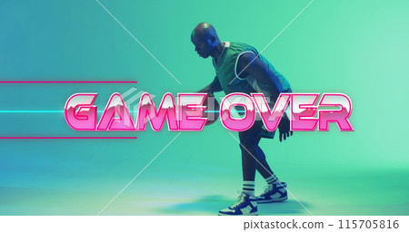 Image of game over text over neon pattern and african american basketball player 115705816