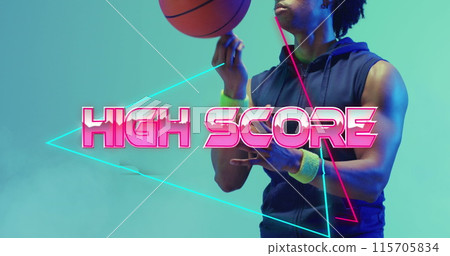 Image of high score text over neon pattern and biracial basketball player 115705834