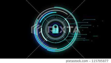 Security padlock icon over blue neon round scanner against black background 115705877