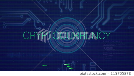 Image of cryptocurrency text, circuit board and data processing 115705878