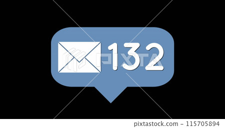 Digital image of a blue message bubble icon with increasing numbers against a black background 4k 115705894