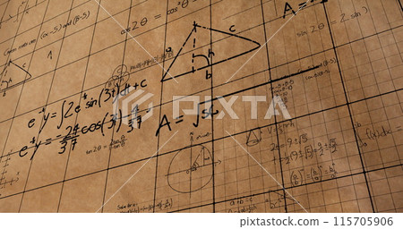 Math equations and figures animate on a screen with square patterns for back to school 4k. 115705906