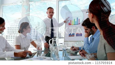 Digital composite of a Caucasian man discussing different graphs to diverse colleagues in an office 115705914