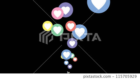 Digital image of heart icons in colorful circles moving upwards against a black background 4k 115705929