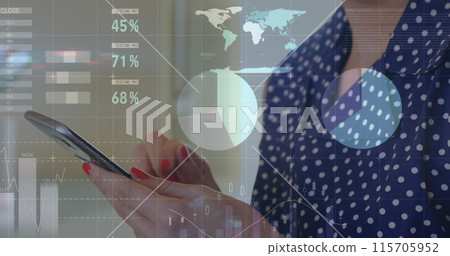 Image of statistics and data processing over businesswoman using smartphone Image of statistics and data processing over businesswoman using smartphone 115705952