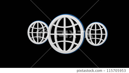 Digital image of white globe icons hovering in the screen against a black background 4k 115705953