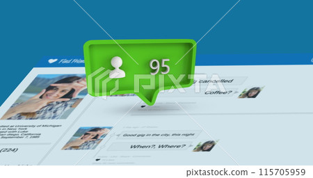 Social media interface image with a green message bubble and rising numbers in 4K. 115705959