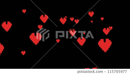 Digital image of red heart pixel icons moving upwards in the black background 4k Digital image of red heart pixel icons moving upwards in the black background 4k 115705977