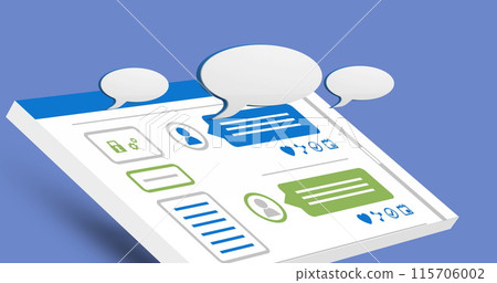 White message bubble icons hover above a tablet with a blue interface in 4K. White message bubble icons hover above a tablet with a blue interface in 4K. 115706002