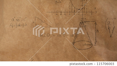 Math equations and figures animate on a brown background for a 4k back-to-school theme. 115706003