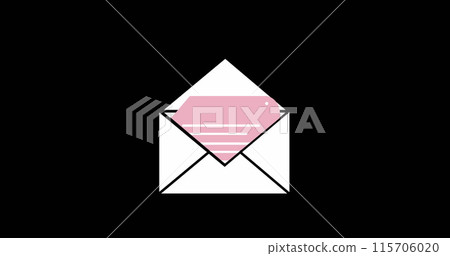 Digital image of a white envelope opening to a pink note against a black background 4k 115706020