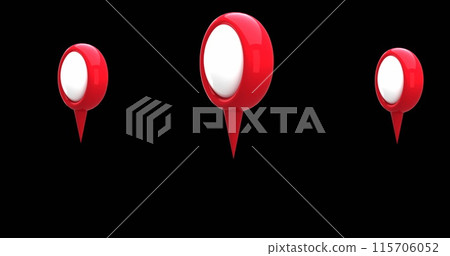 Digital image of red map pins moving in the screen against a black background 4k 115706052