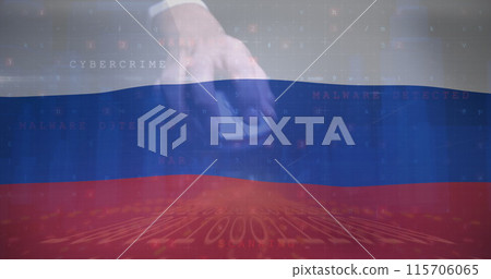 Image of hand of caucasian male hacker over flag of russia 115706065