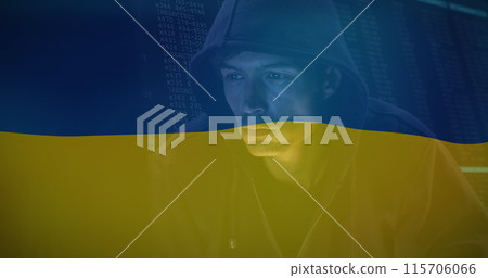 Image of caucasian male hacker over flag of ukraine Image of caucasian male hacker over flag of ukraine 115706066